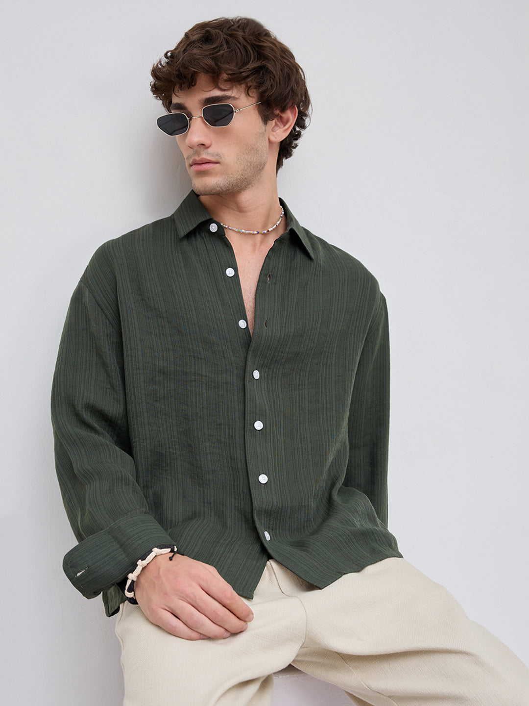 Olive Pin Striped Crinkled Boxy Fit Crop Shirt