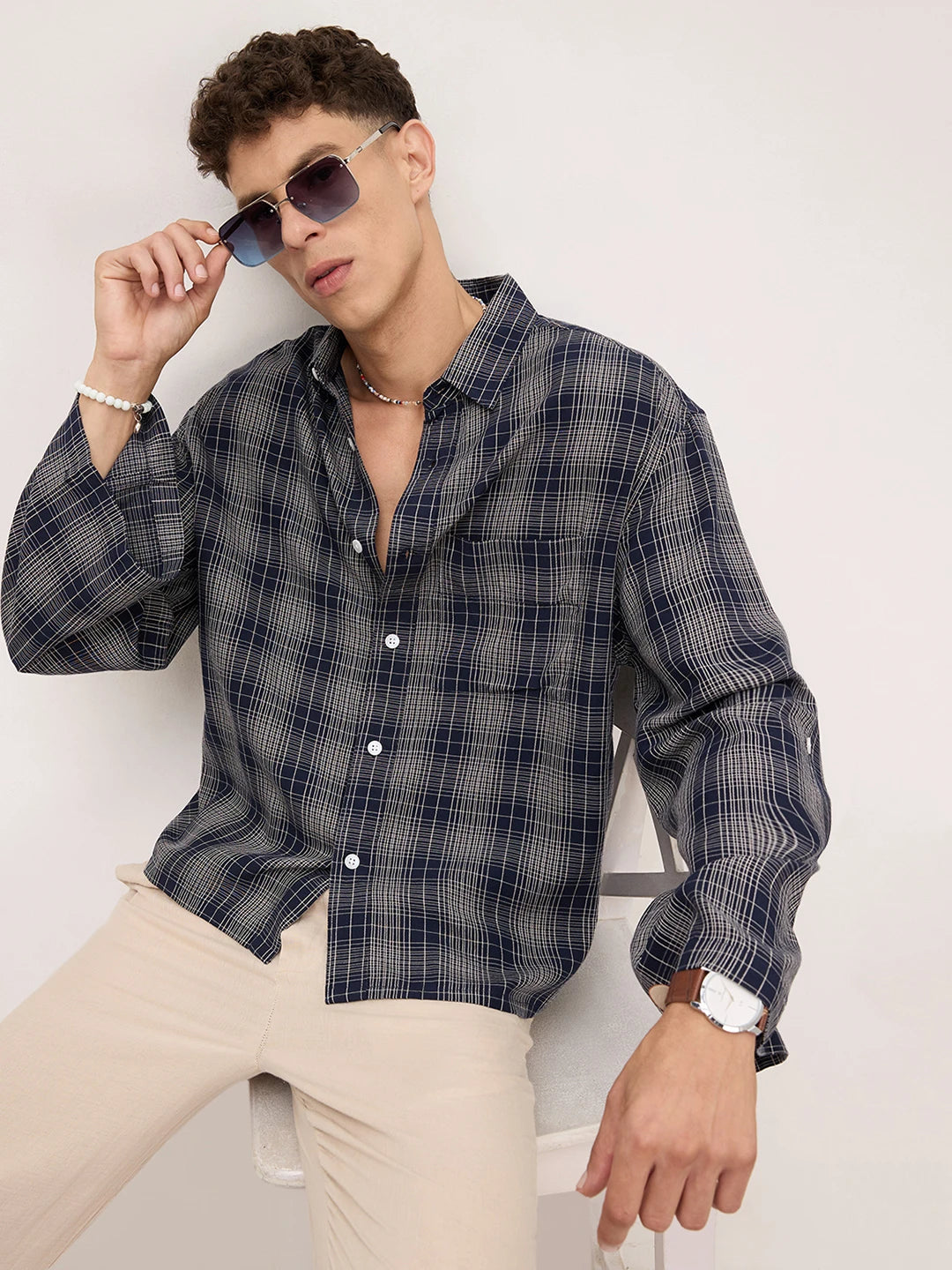 Sovereign Midnight Navy Contrast Checks Cuffless Oversized Crop Shirt