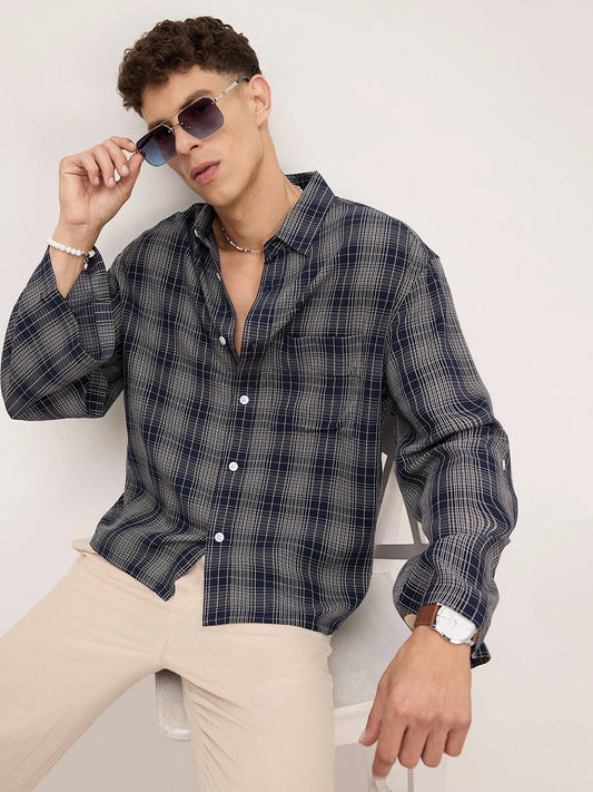Sovereign Midnight Navy Contrast Checks Cuffless Oversized Crop Shirt