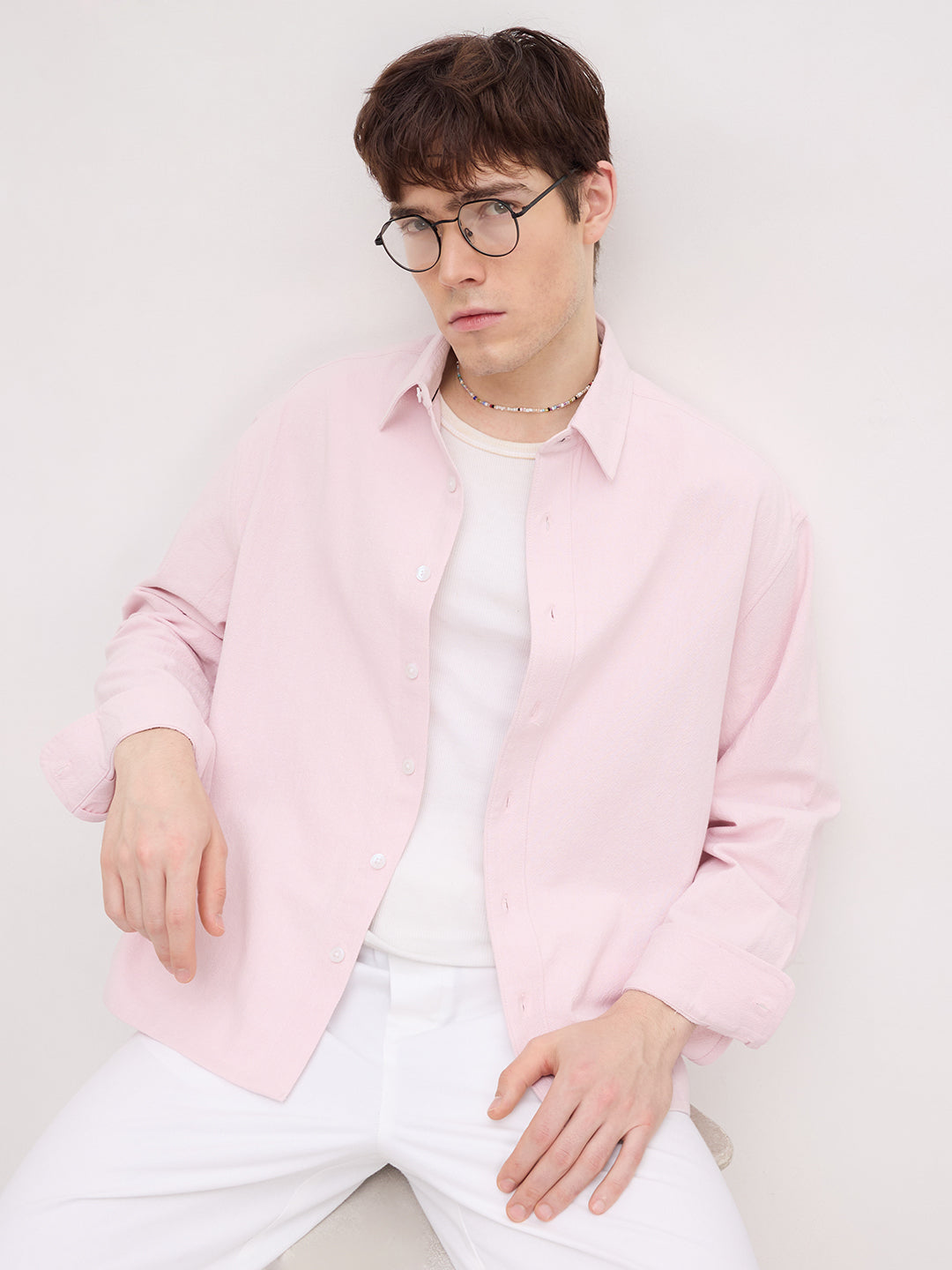 Refined Blush Pink Textured Boxy Fit Crop Shirt