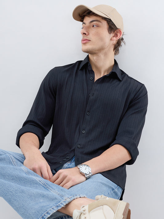 Timeless Black Fine Vertical Ribbed Knitted Shirt