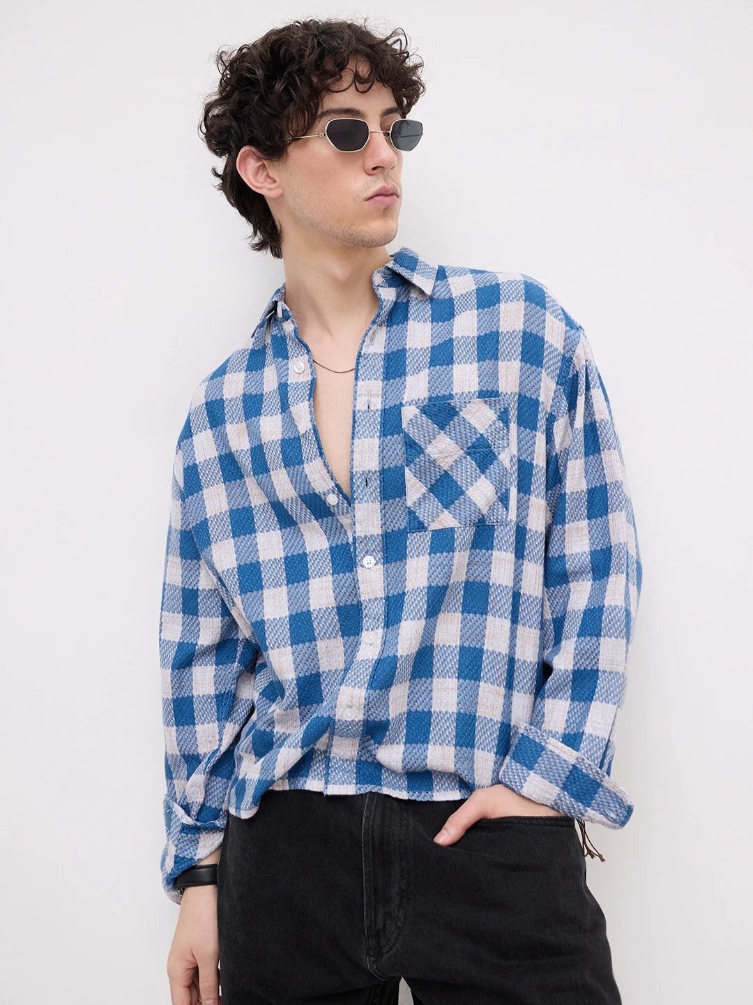 Blue & Ivory Square Checks Flannel Boxy Fit Crop Shirt