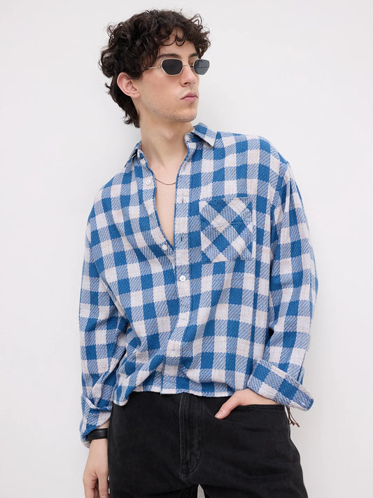 Blue & Ivory Square Checks Flannel Boxy Fit Crop Shirt