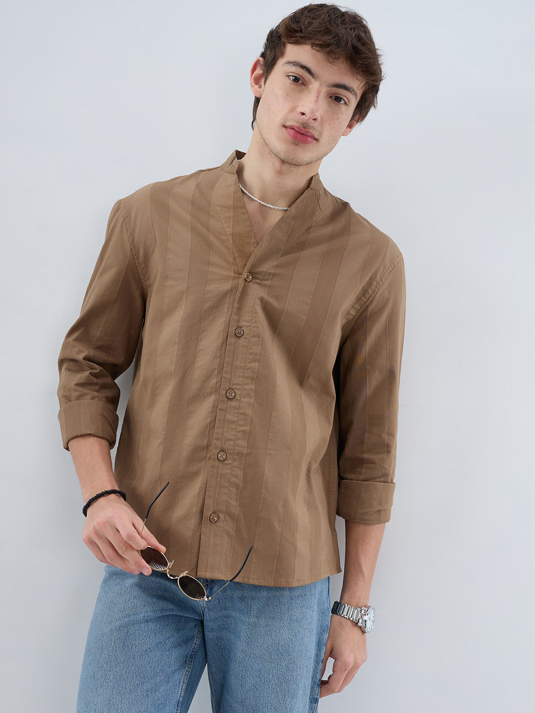 Bark Brown Panel Textured Stand Collar Oversized Shirt