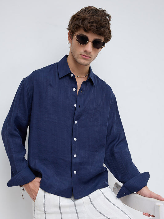 Lustre Navy Striped Weave Boxy Fit Crop Shirt
