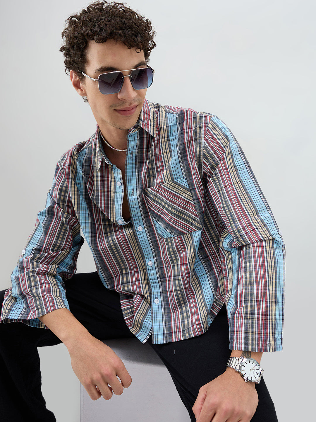 Multi Stripe Fusion Checks Cuffless Oversized Crop Shirt