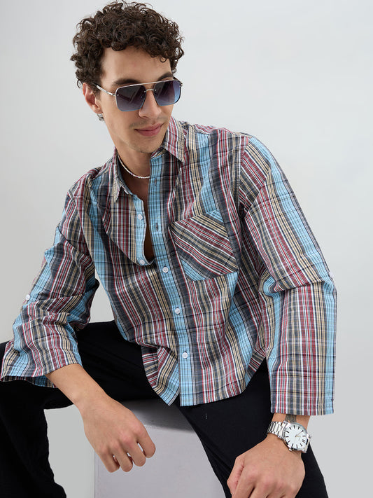 Multi Stripe Fusion Checks Cuffless Oversized Crop Shirt