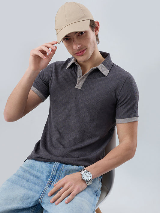 Charcoal Grey Textured Contrast Polo Neck Knit T-shirt