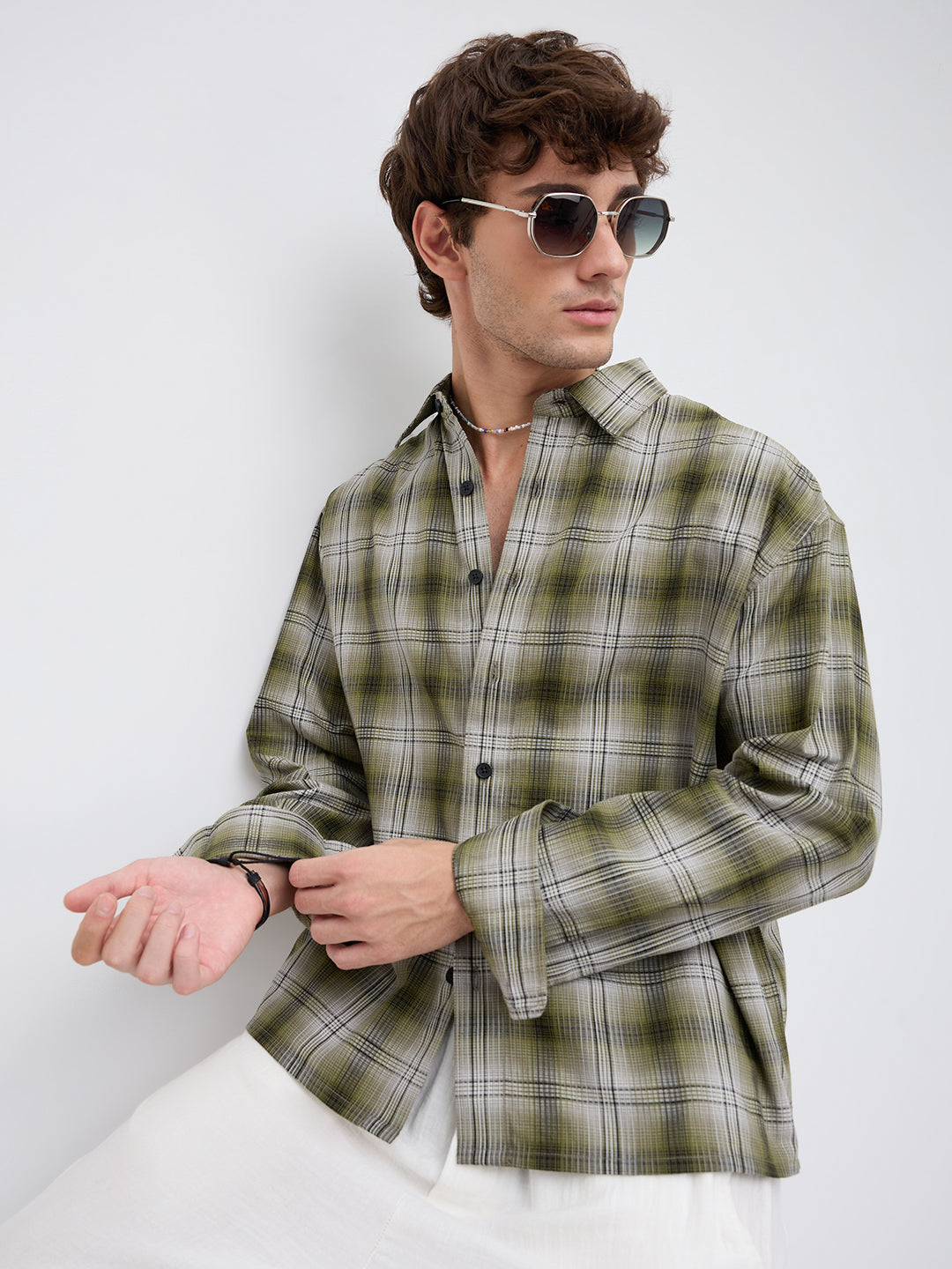 Forest Echo Plaid Checks Boxy Fit Crop Shirt