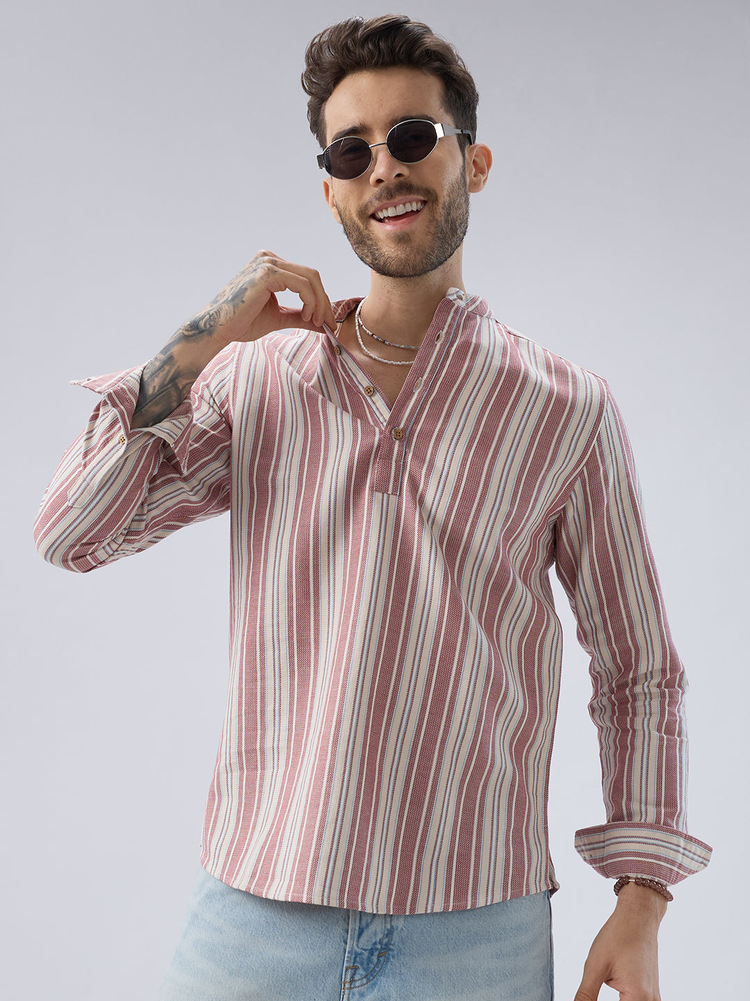 Refined Berry Red Retro Striped Kurta