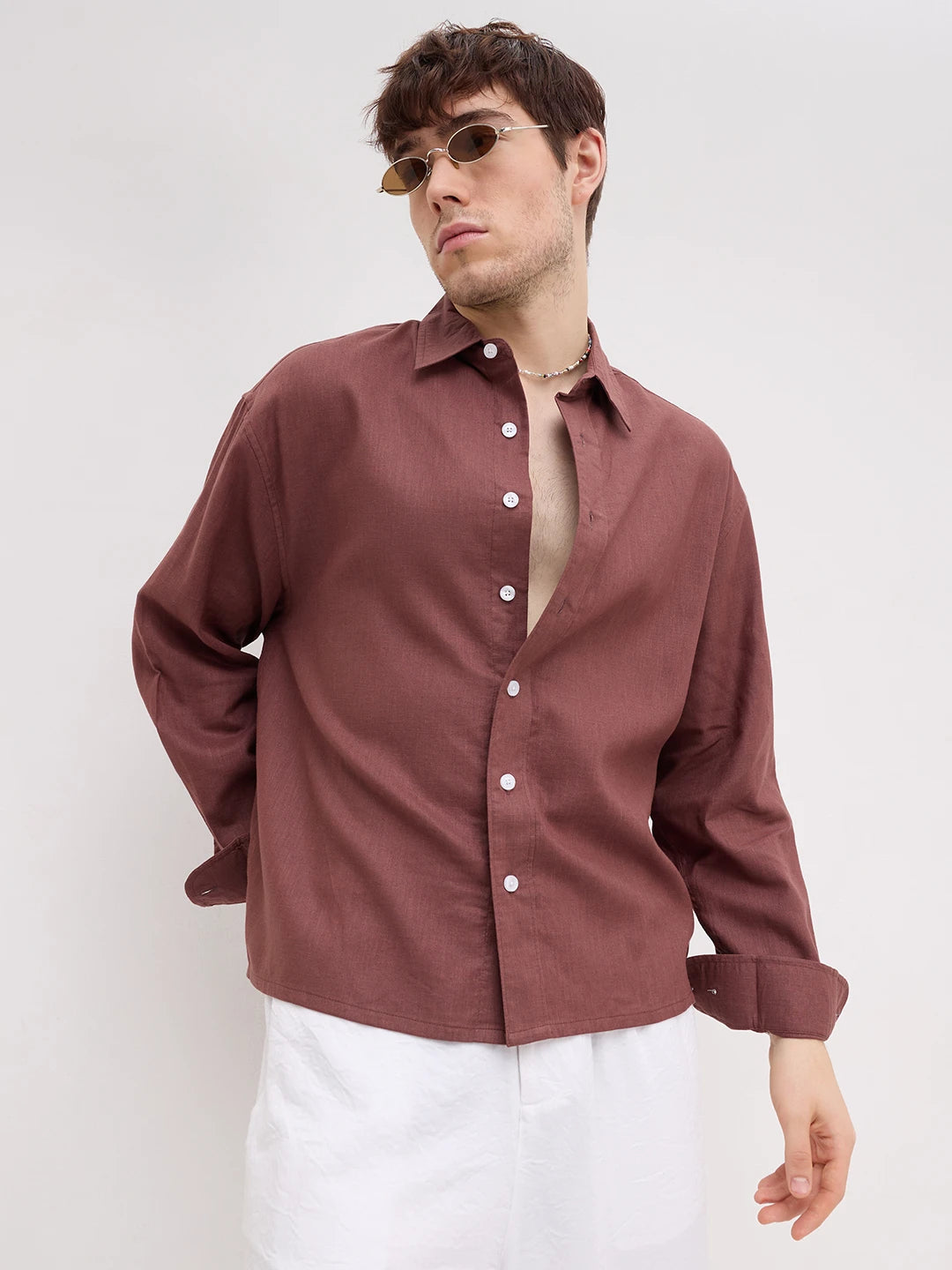 Brown Fine Textured Boxy Fit Crop Shirt