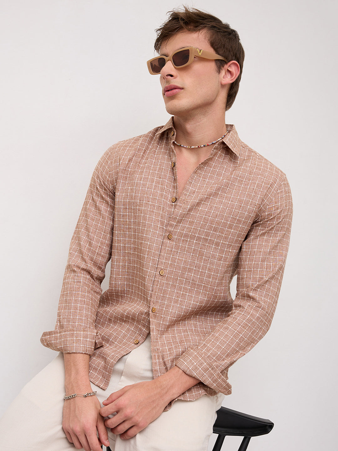 Rustic Brown Embroidery Grid Checks Shirt