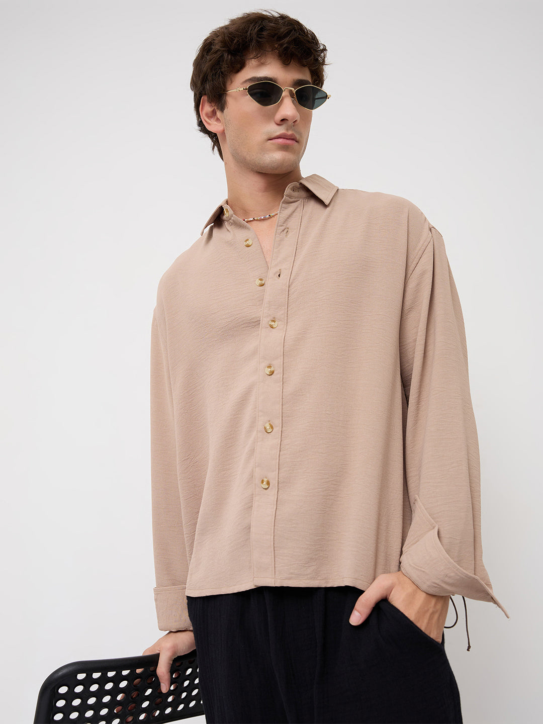 Soft Khaki Lightweight Crinkled Boxy Fit Crop Shirt