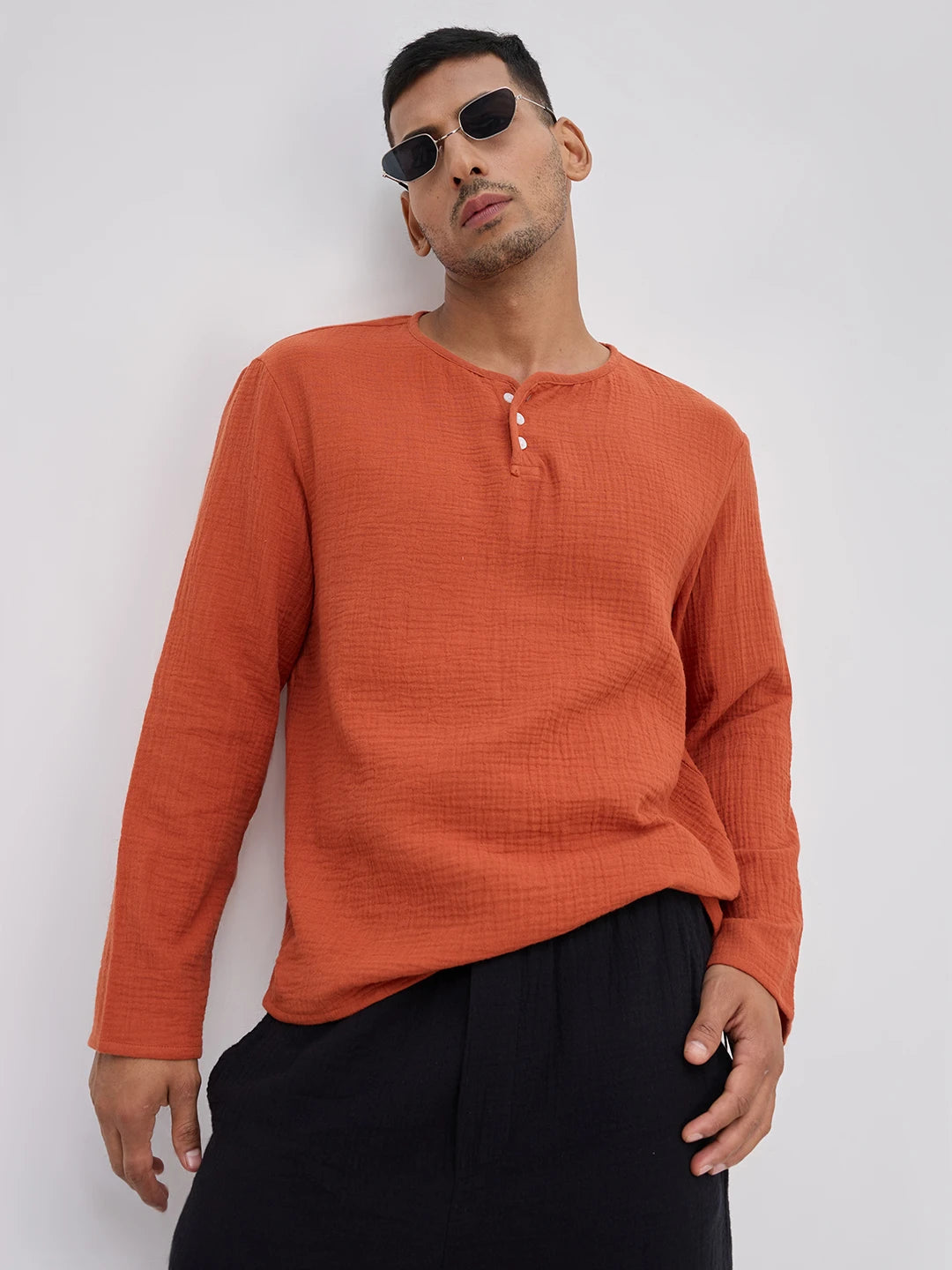 Soft Rust Double Cloth Henley Neck Oversized Shirt