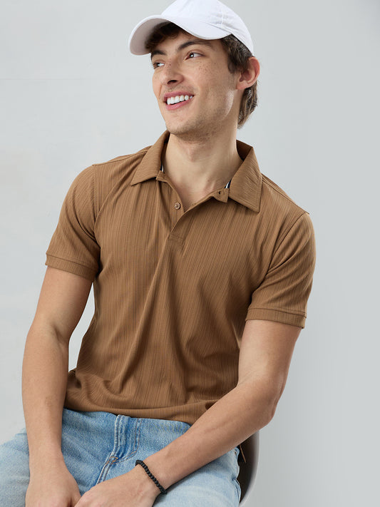 Refined Brown Hairline Striped Polo Knit T-Shirt