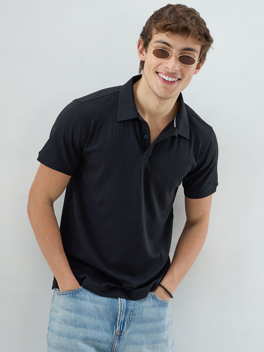 Refined Black Hairline Striped Polo Knit T-Shirt