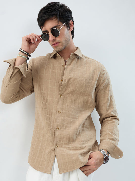 Tan Beige Double Cloth Box Checks Shirt