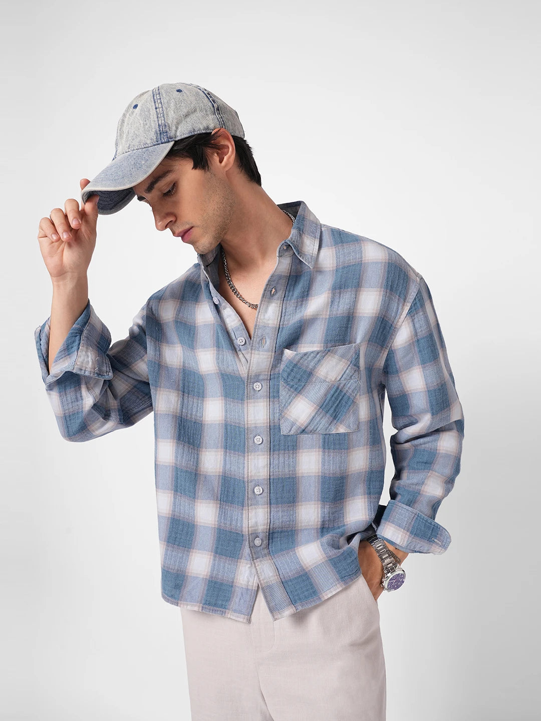 Denim Blue Block Checks Boxy Fit Crop Shirt