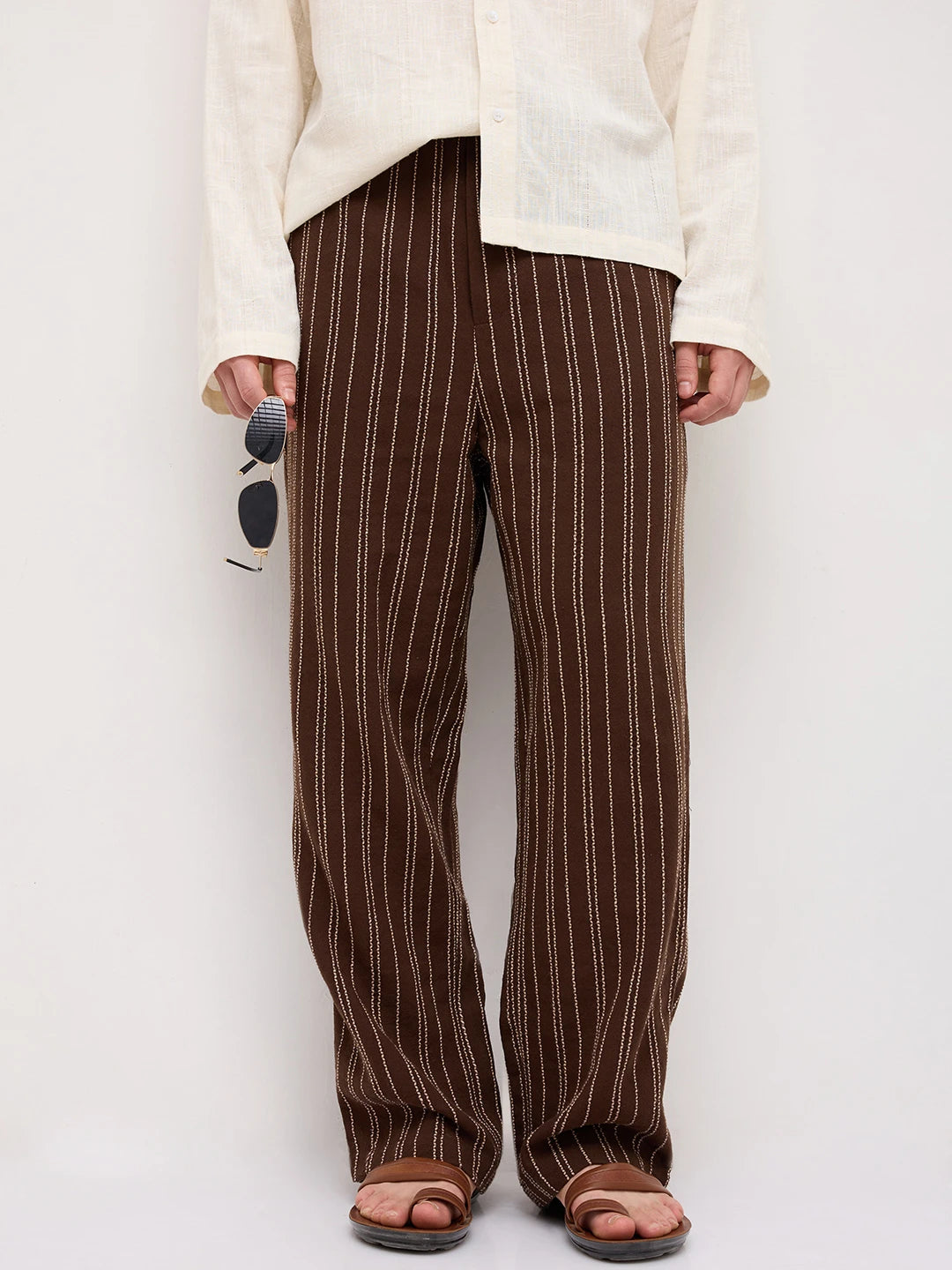 Intricate Coffee Brown Striped Straight Leg Trousers