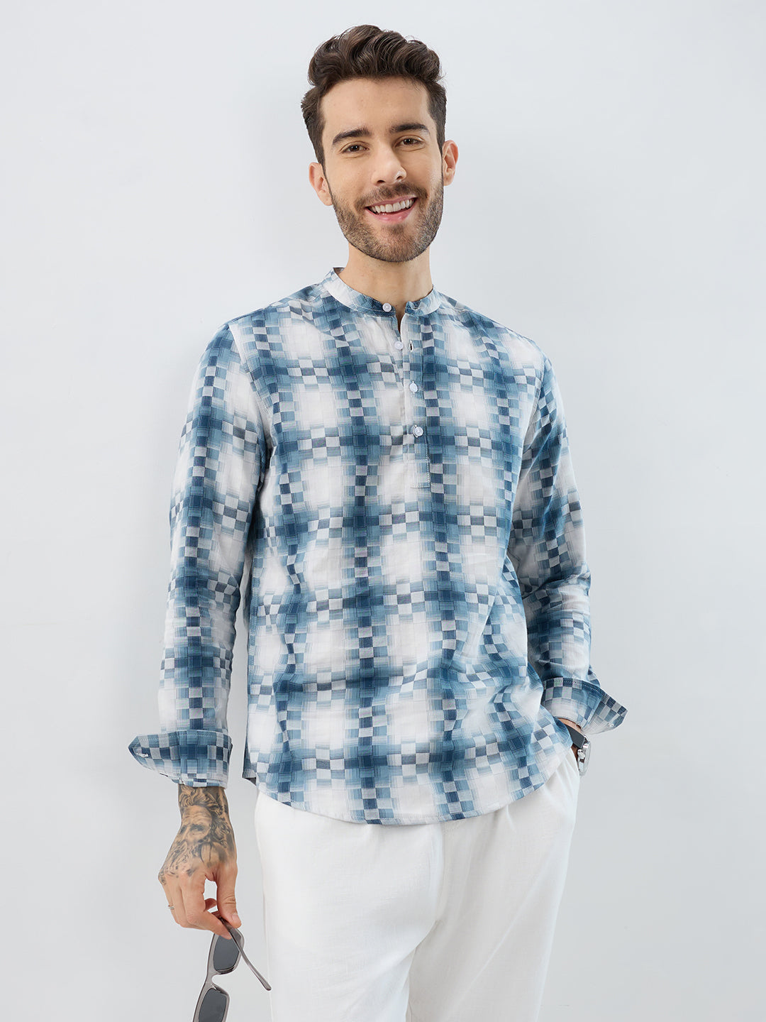 Teal Pixel Block Checks Kurta