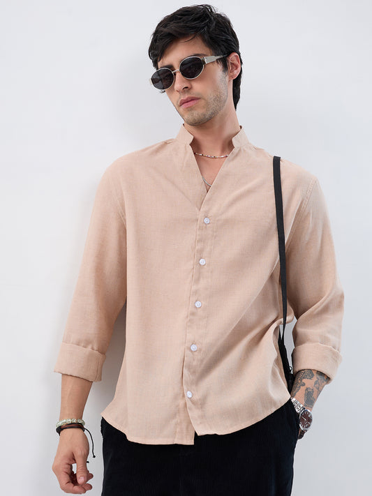 Premium Tan Beige Linen Blend Stand-Collar Oversized Shirt