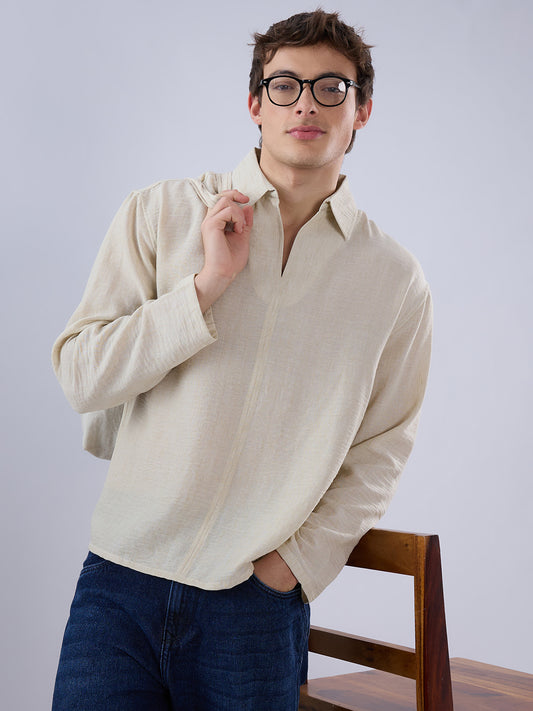 Sand Beige Crinkled Center Seam Oversized Polo Shirt