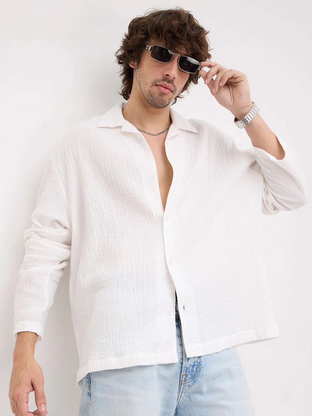 Snow White Double Cloth Notch Collar Oversized Shirt