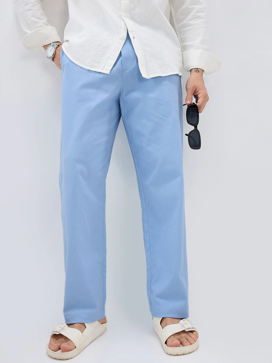 Solid Steel Blue Twill Tapered Trousers