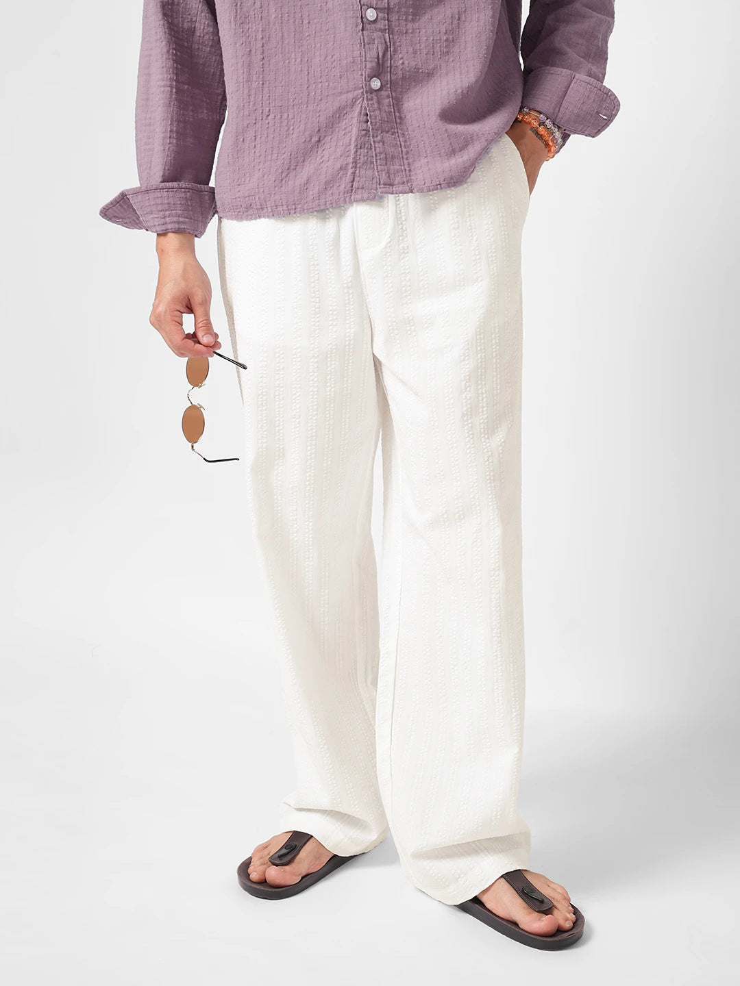 Elite White Seersucker Striped Straight Fit Trousers