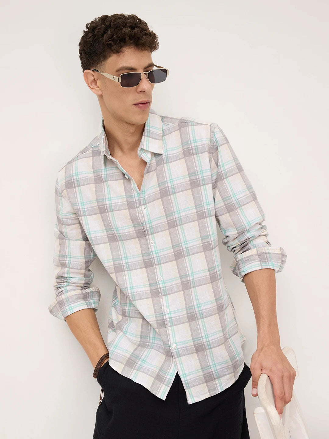 Premium Pastel Green & Grey Plaid Checks Textured Shirt