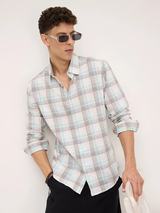 Premium Pastel Green & Grey Plaid Checks Textured Shirt