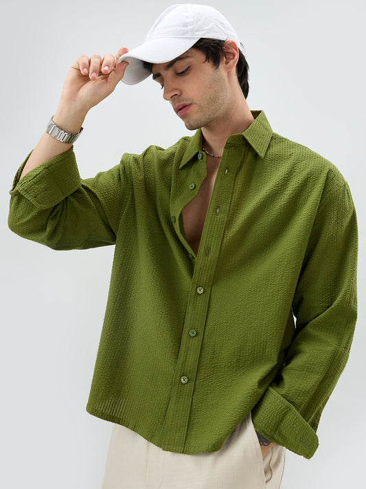 Basil Green Seersucker Striped Boxy Fit Crop Shirt