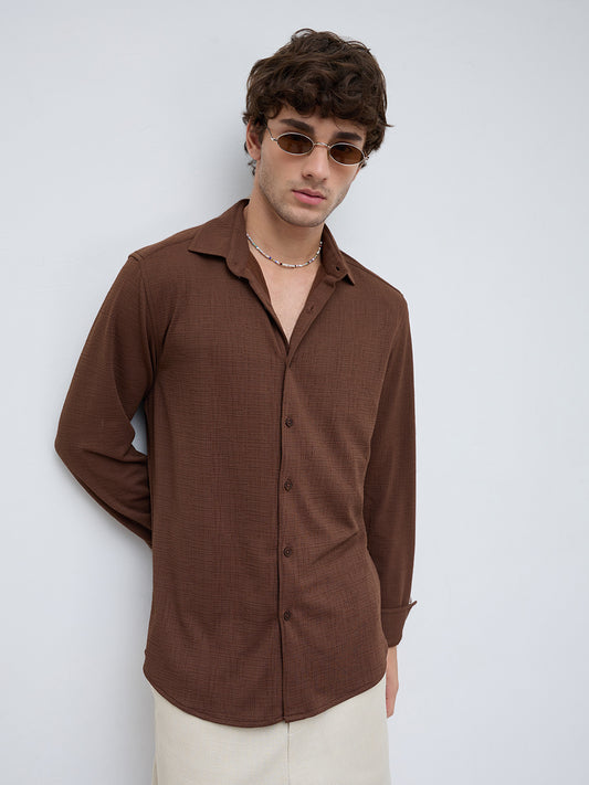 Rich Cocoa Knitted Textured Relaxed Shirt