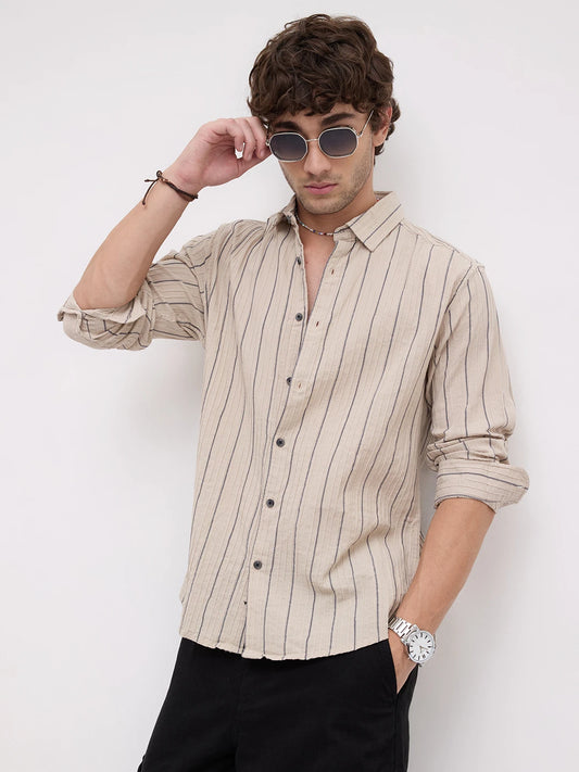 Intricate Beige & Navy Raised Striped Shirt