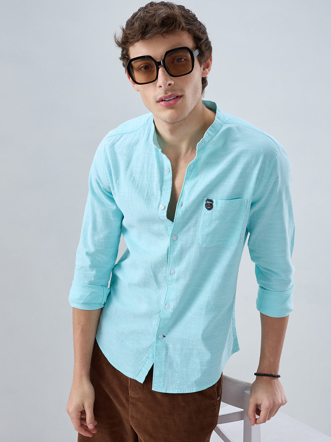 Spring Green Textured Mandarin Collar Shirt