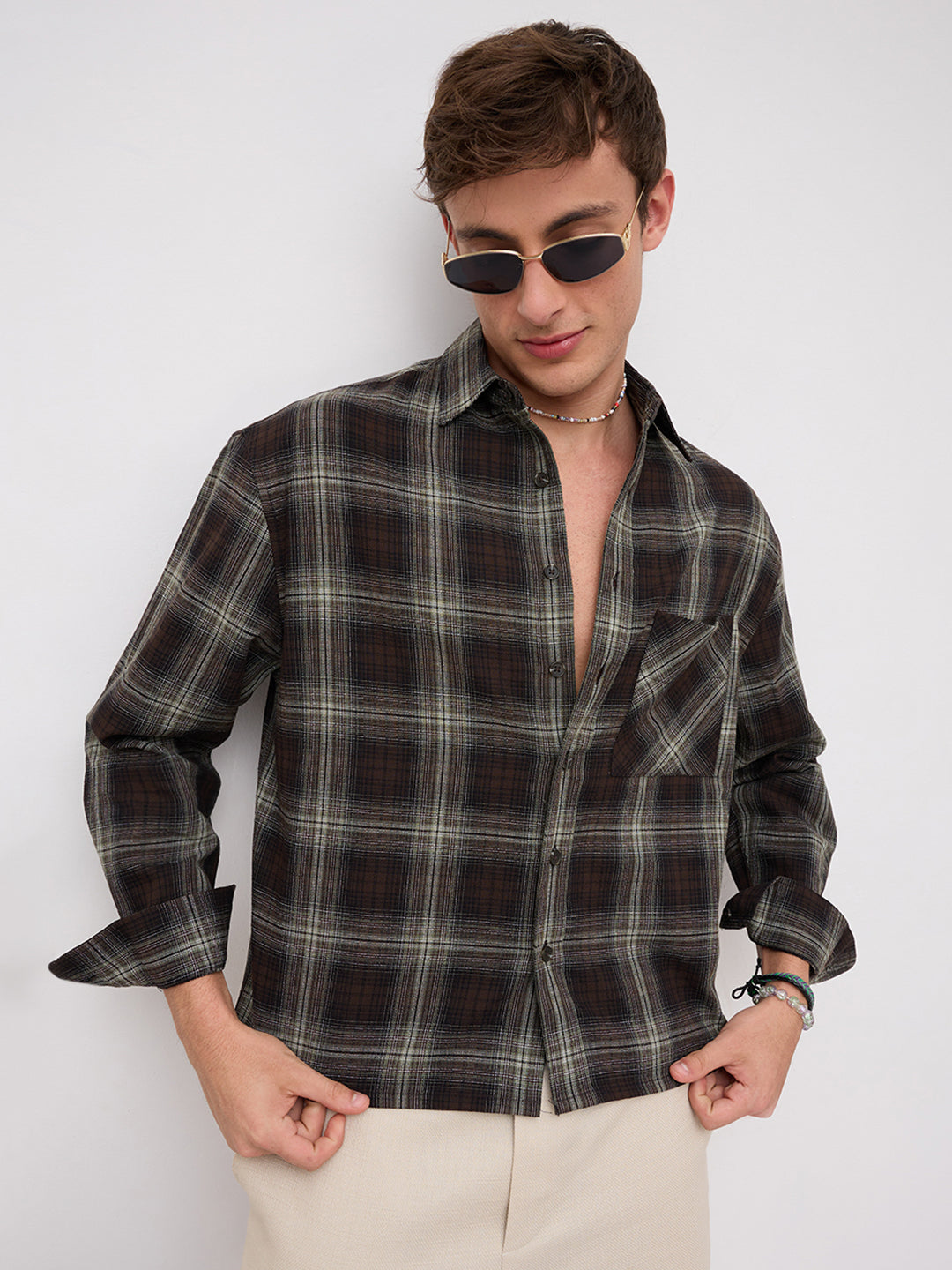 Brown & Mint Green Contrast Fine Checks Boxy Fit Crop Shirt