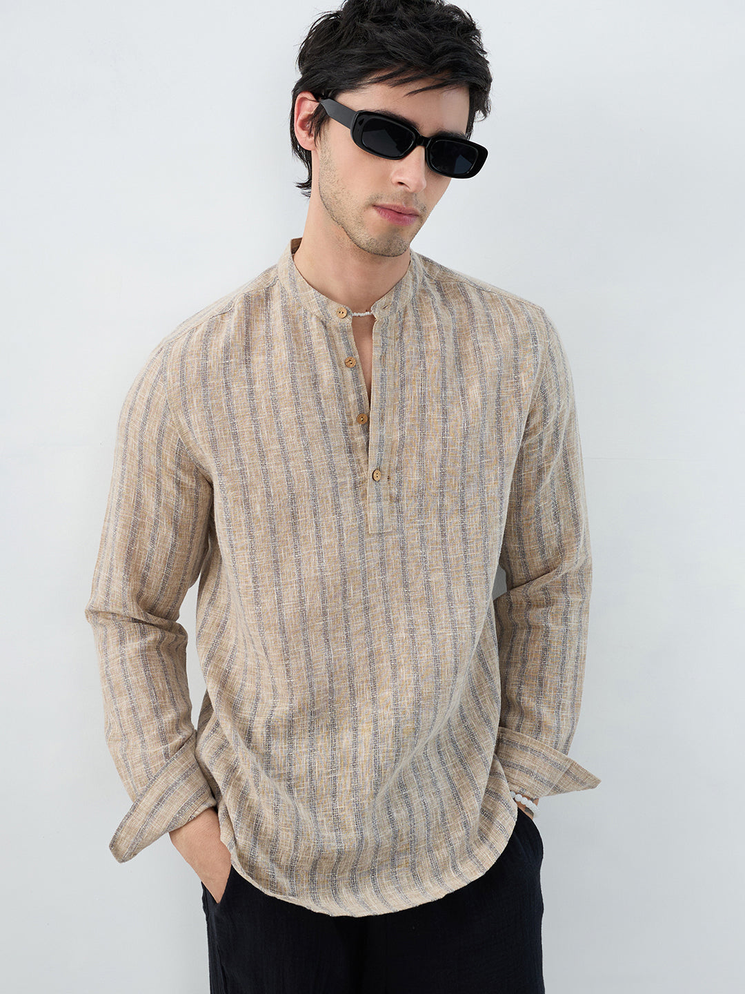 Minimalist Beige Multi-Stripe Burlap Linen Blend Kurta