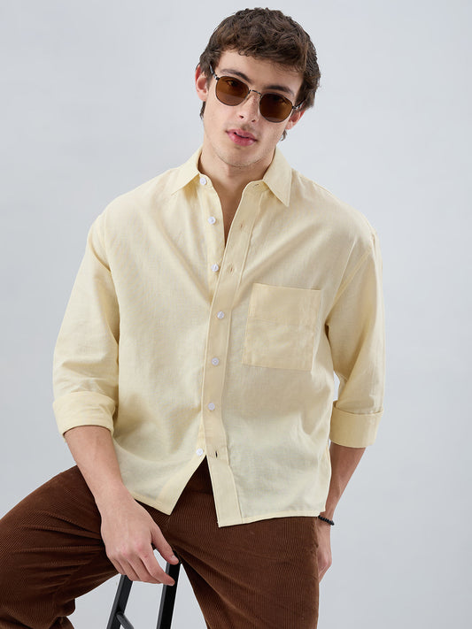 Luxe Butter Yellow Fine Sheer Linen Blend Boxy Fit Crop Shirt
