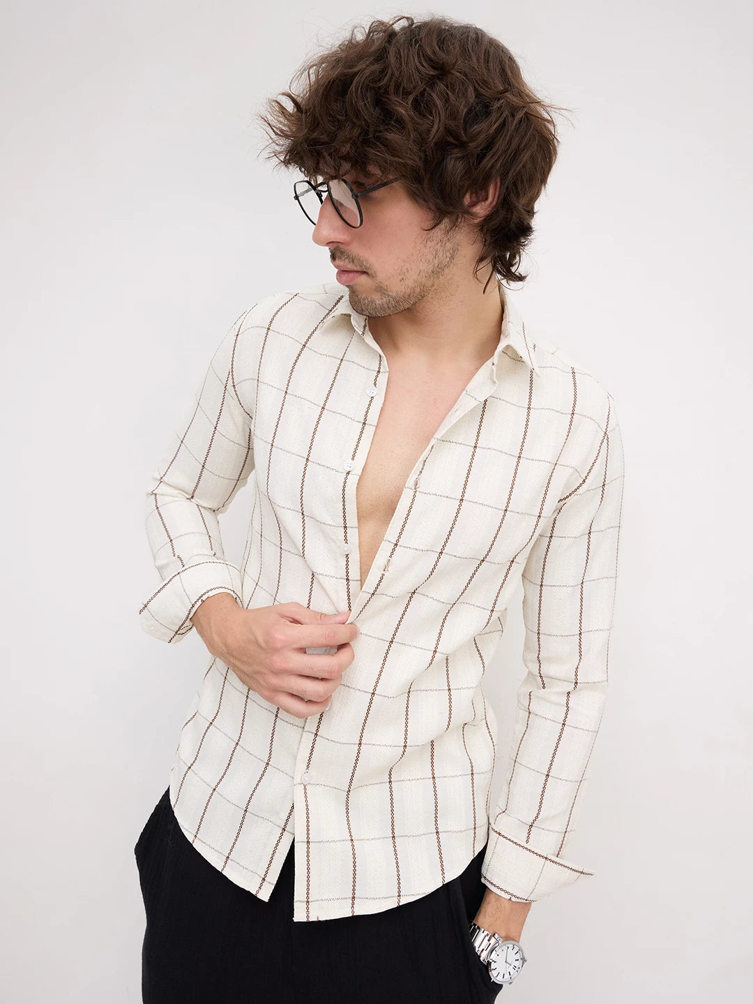 Artisan Cream & Brown Chain Embroidered Square Checks Shirt