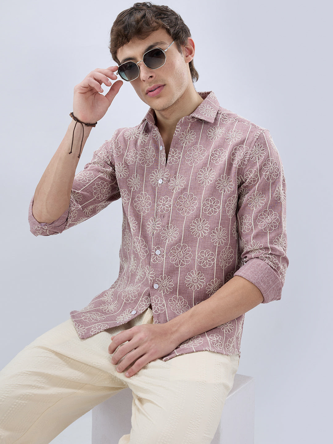 Rouge Pink Floral Embroidered Slub Shirt