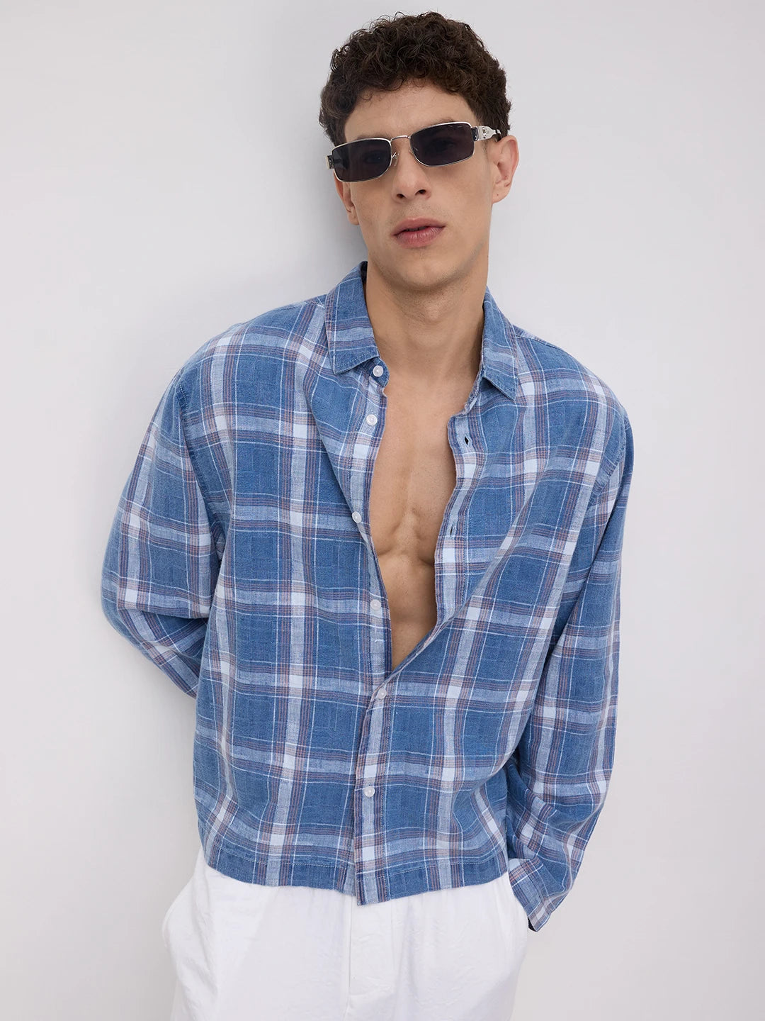 Timeless Denim Plaid Checks Cuffless Oversized Shirt