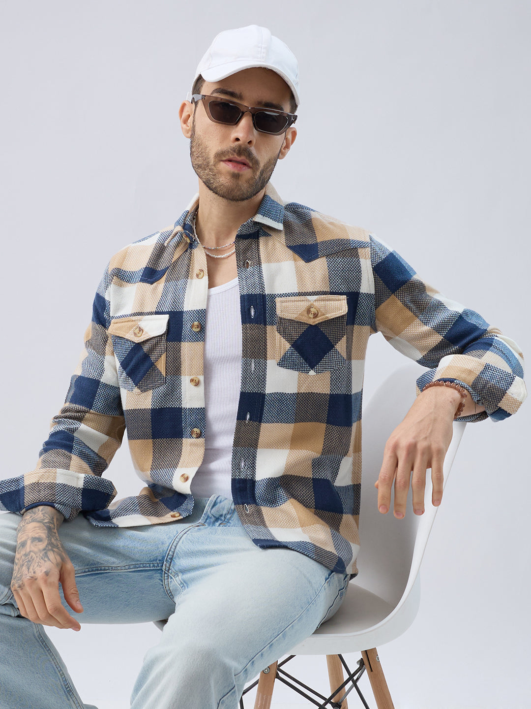 Coastal Breeze Beige Checks Flap Pockets Flannel Shirt
