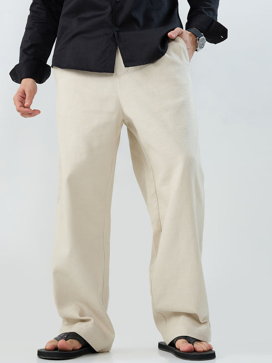 Beige Slub Textured Straight-Fit Trousers
