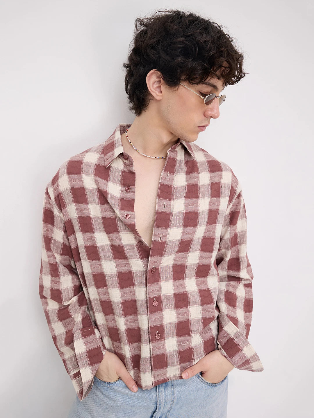 Vintage Maroon Handloom Inspired Checks Boxy Fit Crop Shirt
