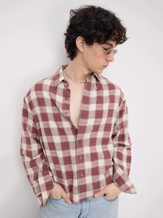 Vintage Maroon Handloom Inspired Checks Boxy Fit Crop Shirt