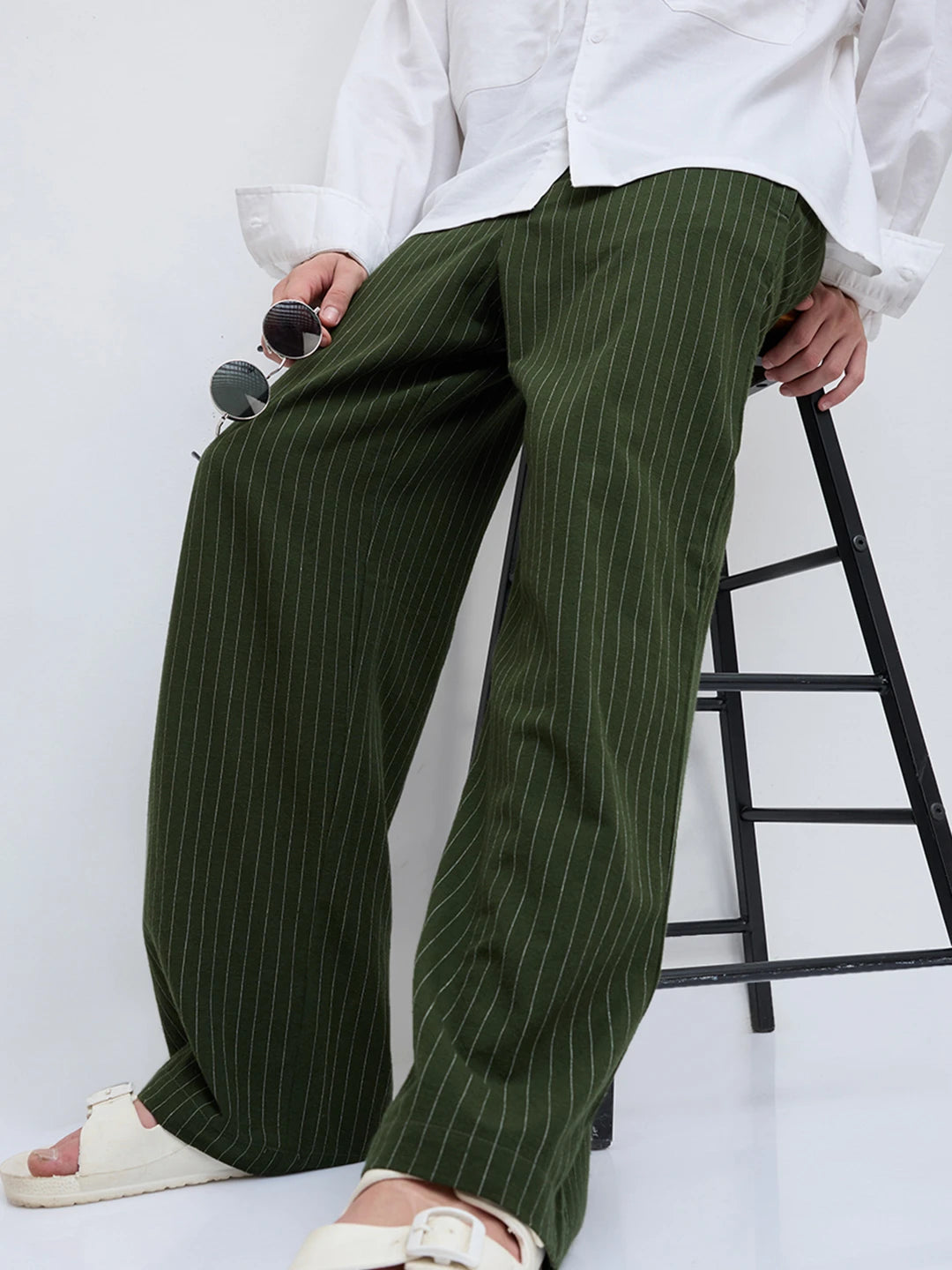 Olive Pinstripe Wide Leg Trousers