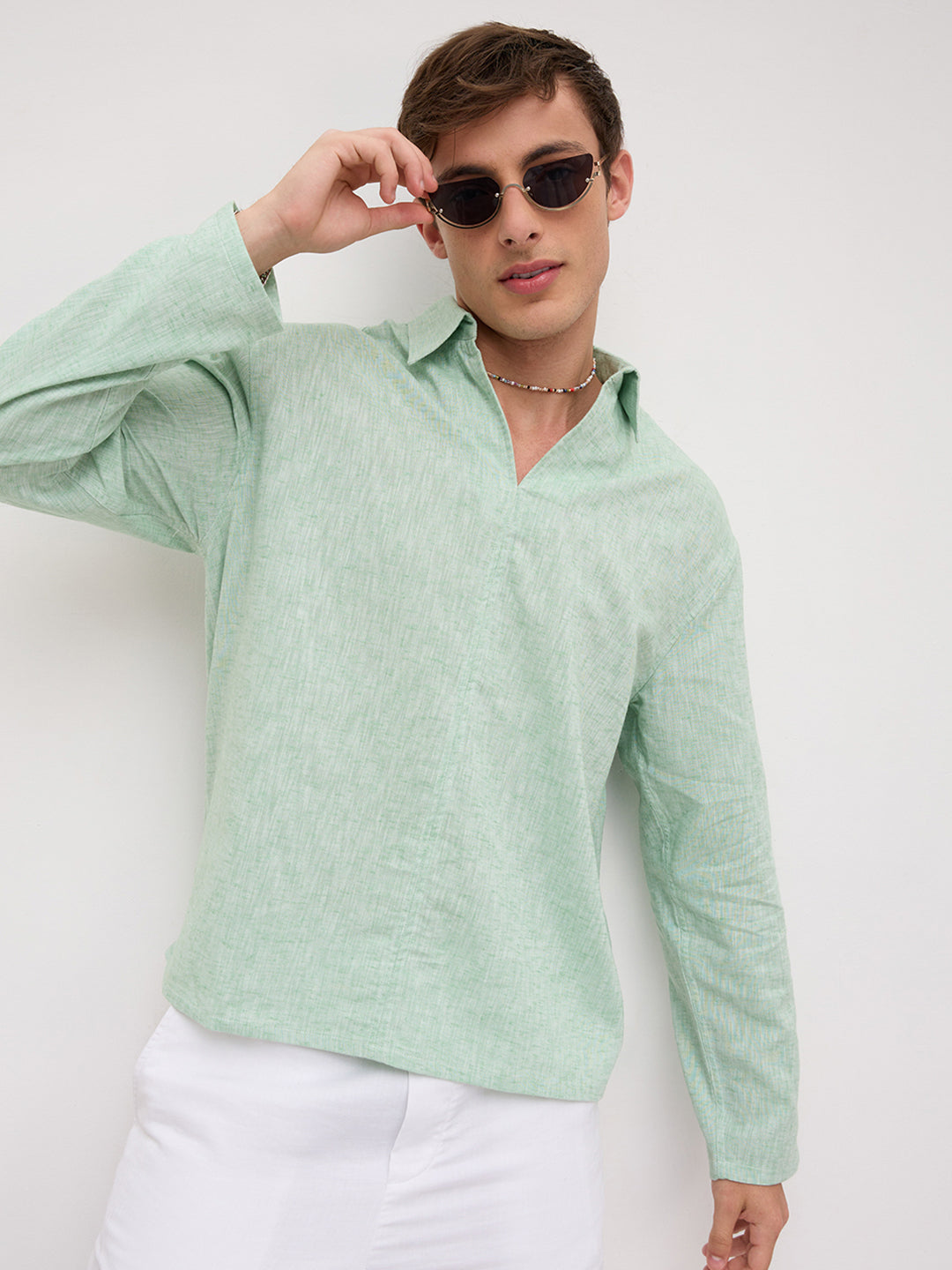 Seafoam Green Melange Textured Center Seam Oversized Polo Shirt