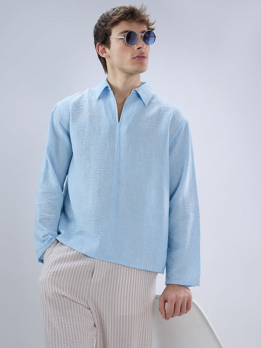 Sky Blue Crinkled Center Seam Oversized Polo Shirt