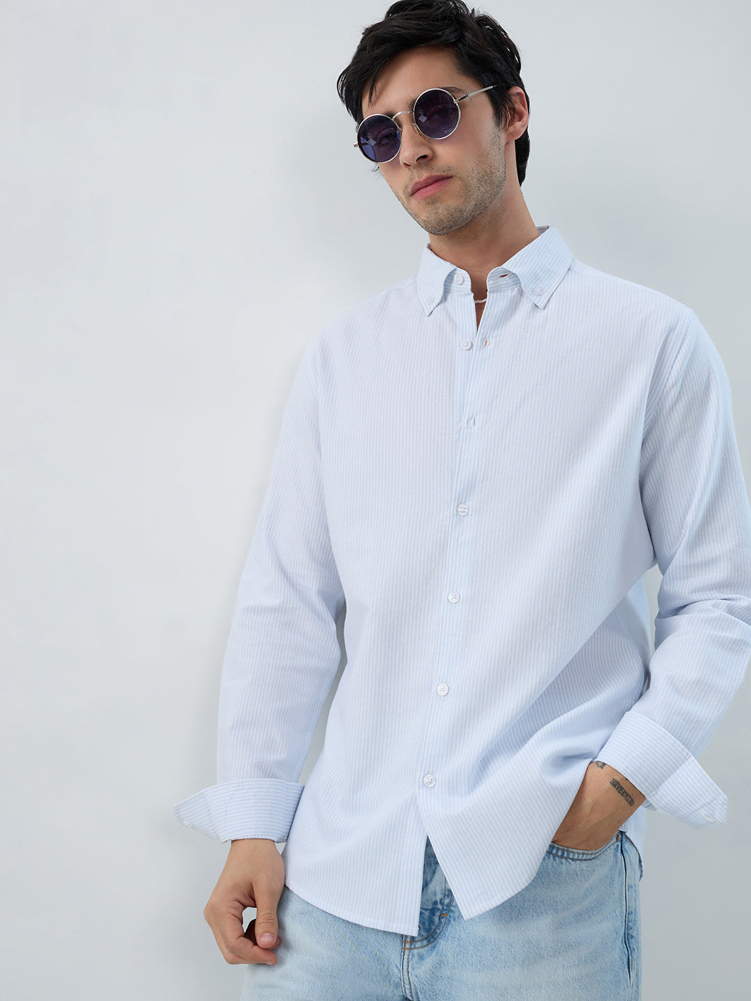 Ice Mist Blue Fine Striped Button-Down Collar Business Shirt