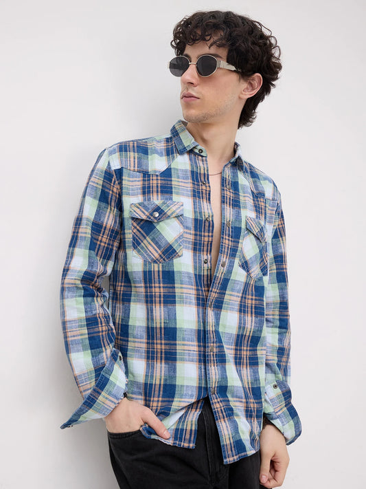 Luxe Denim Contrast Plaid Checks Twin Pocket Shirt